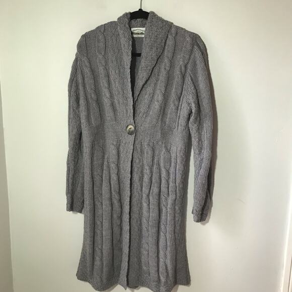 Aran Crafts Ireland 100% merino wool grey cable knit long length cardigan S - Picture 1 of 11